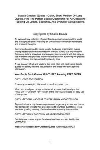 Cover image: Beasts Greatest Quotes - Quick, Short, Medium Or Long Quotes. Find The Perfect Beasts Quotations For All Occasions - Spicing Up Letters, Speeches, And Everyday Conversations. 9781489114631