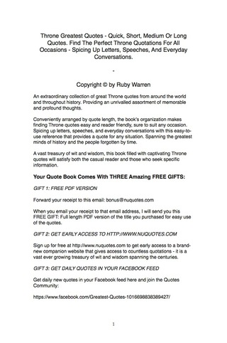 Cover image: Throne Greatest Quotes - Quick, Short, Medium Or Long Quotes. Find The Perfect Throne Quotations For All Occasions - Spicing Up Letters, Speeches, And Everyday Conversations. 9781489114648