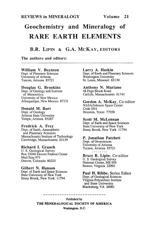 Cover image: Geochemistry and Mineralogy of Rare Earth Elements 1st edition 9780939950256