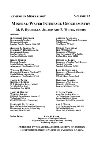 Cover image: Mineral-Water Interface Geochemistry 1st edition 9780939950287