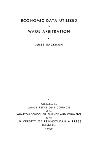 Cover image: Economic Data Utilized in Wage Arbitration 9781512809985