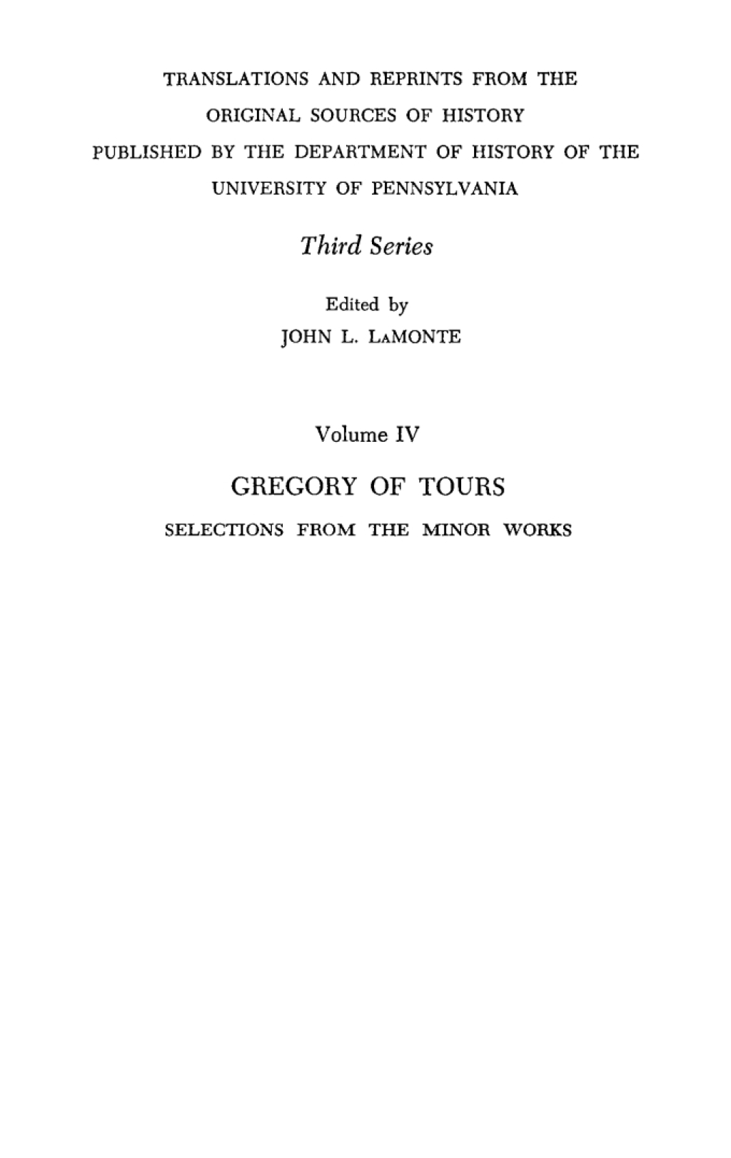 Gregory of Tours Selections from the Minor Works