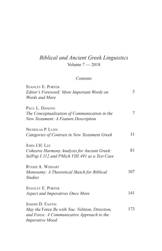Cover image: Biblical and Ancient Greek Linguistics, Volume 7 9781532673467