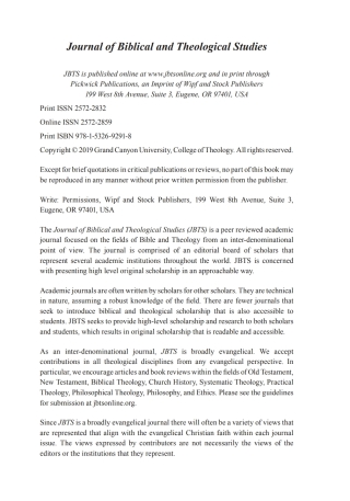 صورة الغلاف: Journal of Biblical and Theological Studies, Issue 4.1 9781532692918