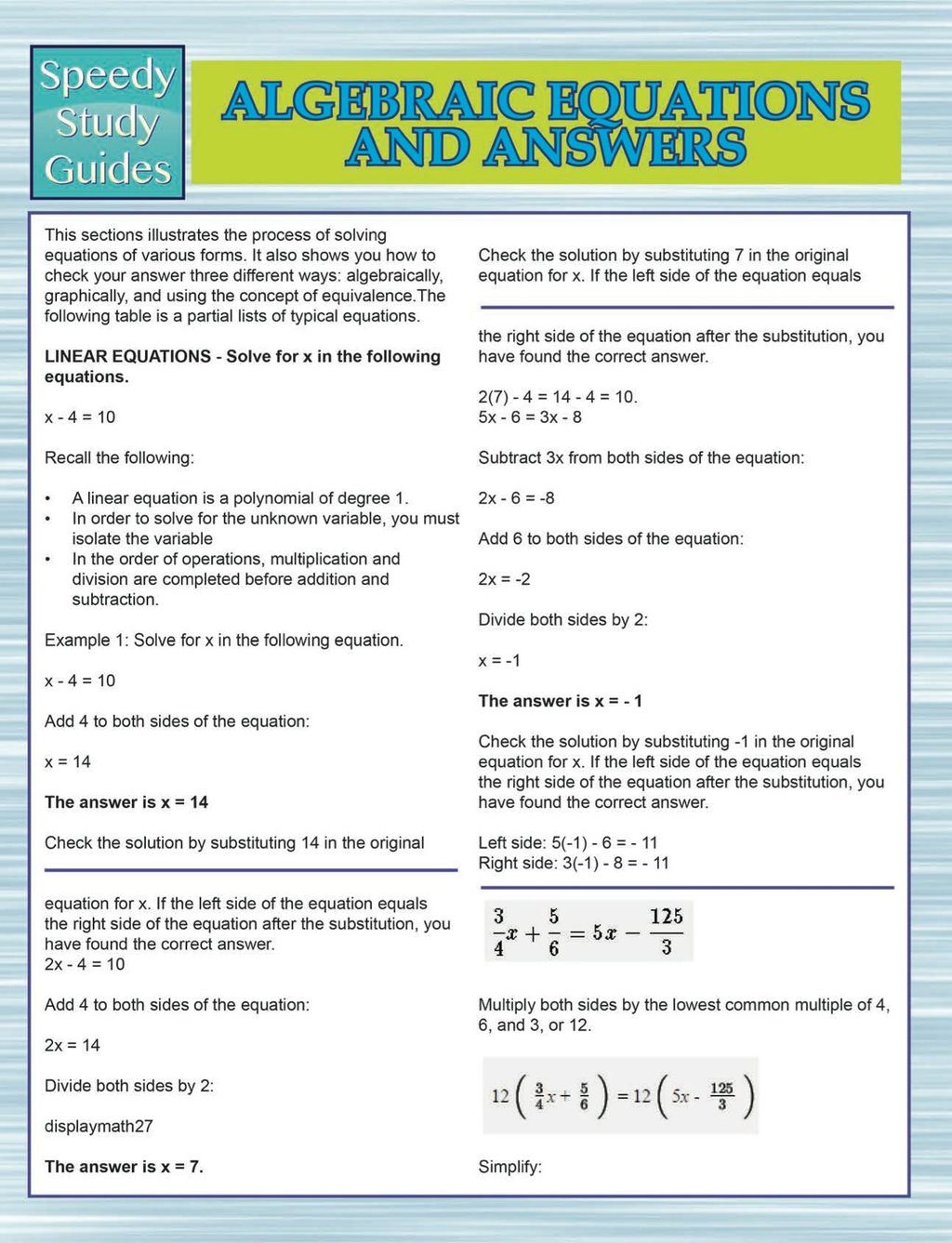 Algebraic Equations And Answers (Speedy Study Guides)