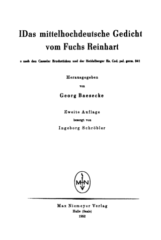 Cover image: Das mittelhochdeutsche Gedicht vom Fuchs Reinhart 4th edition 9783110483963