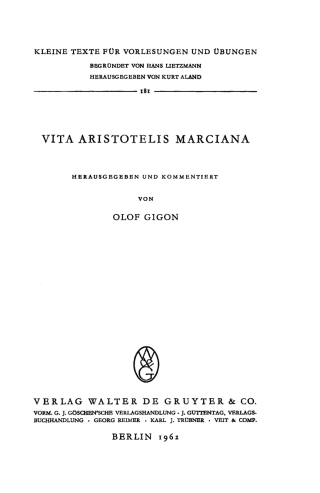 Imagen de portada: Vita Aristotelis Marciana 1st edition 9783110013245