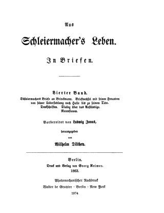Cover image: Schleiermachers Briefe an Brinckmann - Briefwechsel mit seinen Freunden von seiner Übersiedlung nach Halle bis zu seinem Tode - Denkschriften - Dialog über das Anständige - Rezensionen 1st edition 9783110022643
