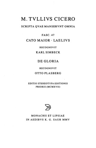Cover image: Cato maior. Laelius. De gloria 1st edition 9783598712234
