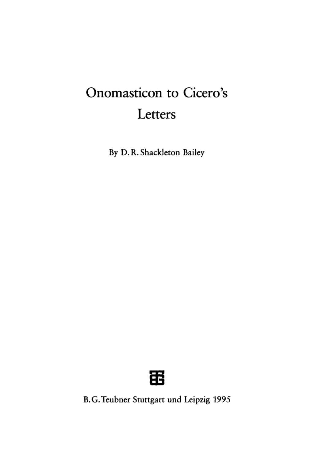 Onomasticon to Cicero’s Letters 1st Edition