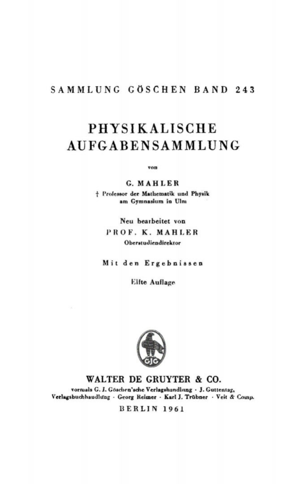 Physikalische Aufgabensammlung 11th Edition
