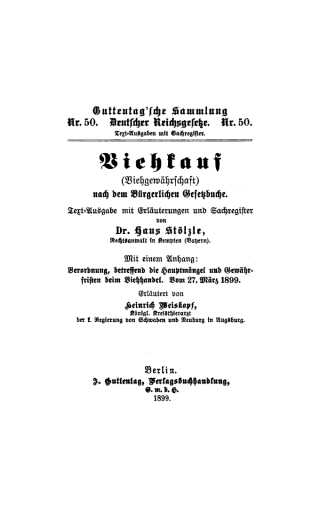 Cover image: Viehkauf (Viehgewährschaft) nach dem Bürgerlichen Gesetzbuche 1st edition 9783111159386