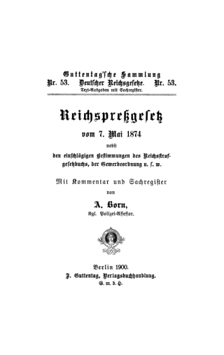 Cover image: Reichspreßgesetz vom 7. Mai 1874 1st edition 9783111163864