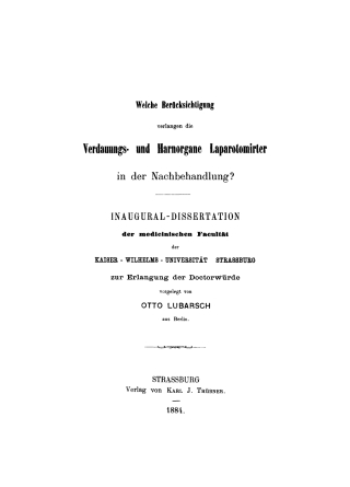 Immagine di copertina: Welche Berücksichtigung verlangen die Verdauungs- und Harnorgane Liparotomirter in der Nachbehandlung? 1st edition 9783111260808