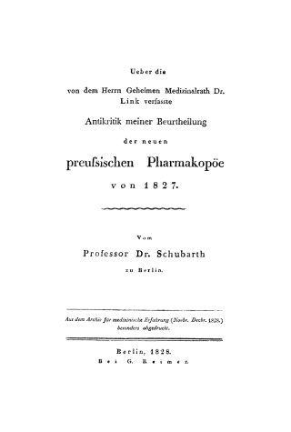 Cover image: Über die von den Herrn Geheimen Medizinalrath Dr. Link verfasste Antikritik meiner Beurtheilung der neuen preussischen Pharmakopöe von 1827 1st edition 9783111274911