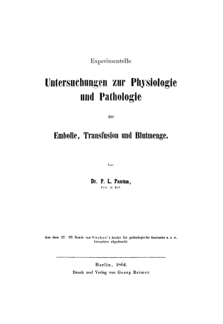 Cover image: Experimentelle Untersuchungen zur Physiologie und Pathologie der Embolie, Transfusion und Blutmenge 1st edition 9783111284903
