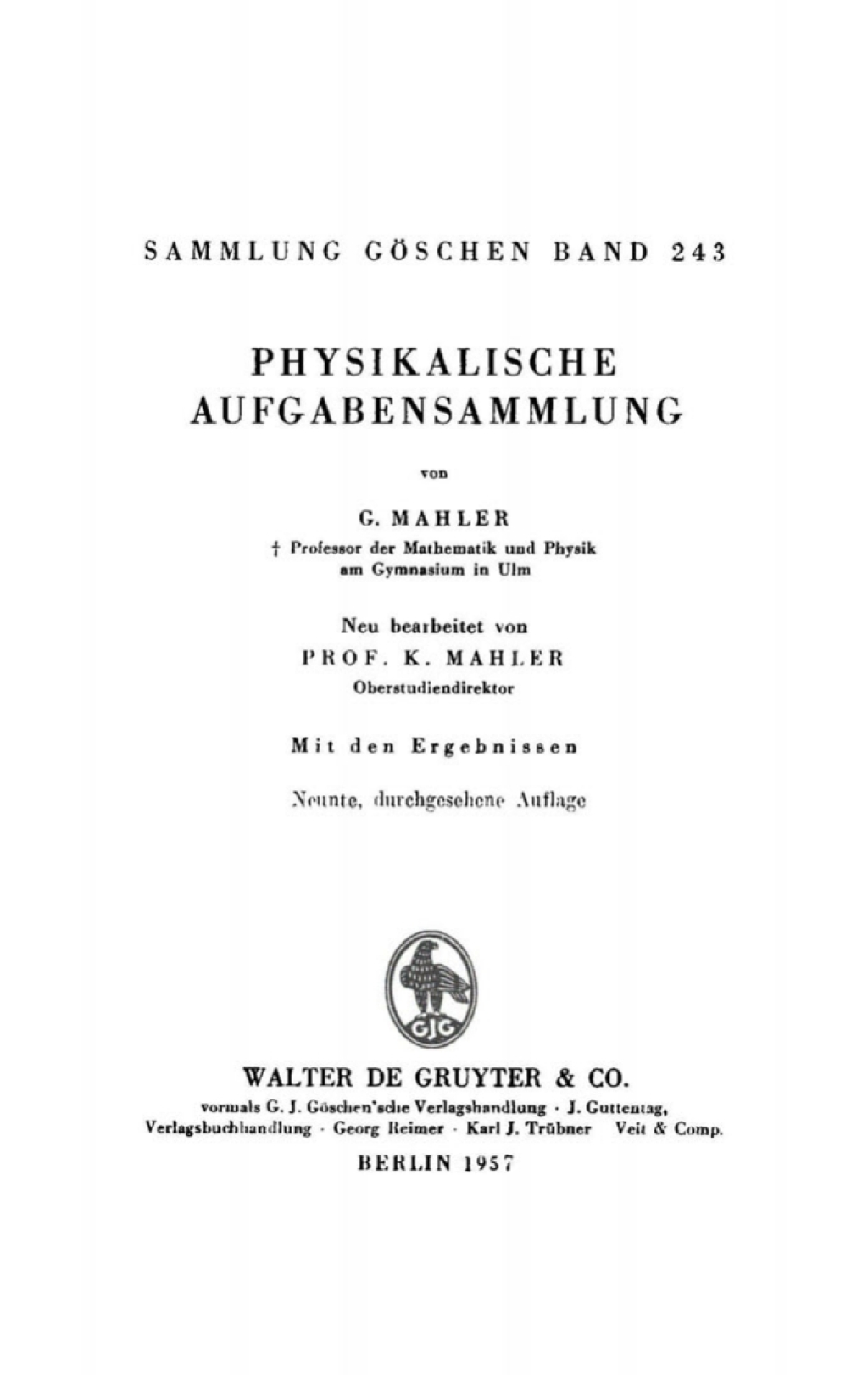 Physikalische Aufgabensammlung 9th Edition