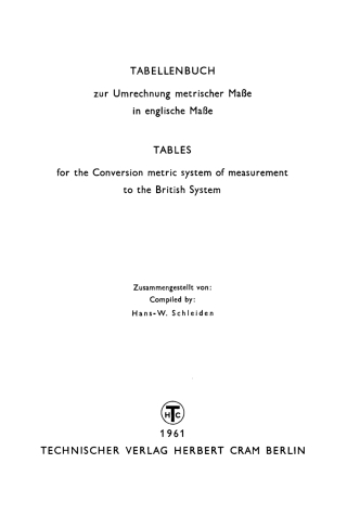 Cover image: Tabellenbuch zur Umrechnung metrischer Maße in englische Maße 1st edition 9783112303788