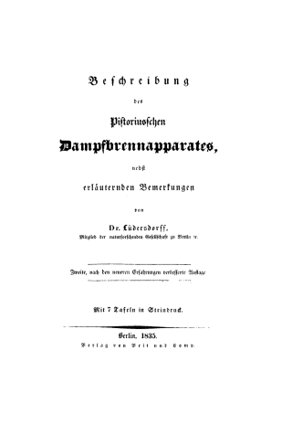 Cover image: Beschreibung des pistoriusschen Dampfbrennapparates, nebst erläuternden Bemerkungen 2nd edition 9783112403136
