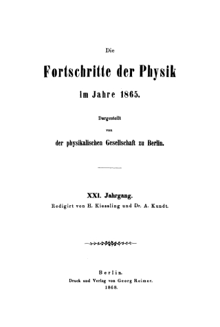 Cover image: Die Fortschritte der Physik im Jahre .... 1865, Jahrgang 21 1st edition 9783112423837