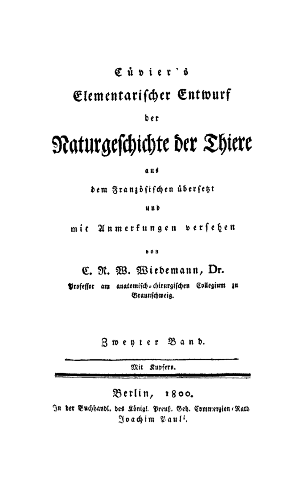 Cuvier’s Elementarischer Entwurf der Naturgeschichte der Thiere. Band 2 1st Edition