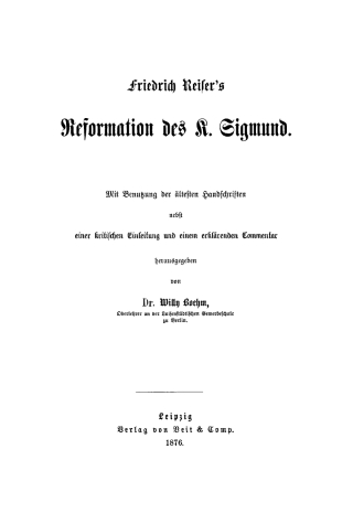 Cover image: Friedrich Reiser’s Reformation des K. Sigmund 1st edition 9783112444696