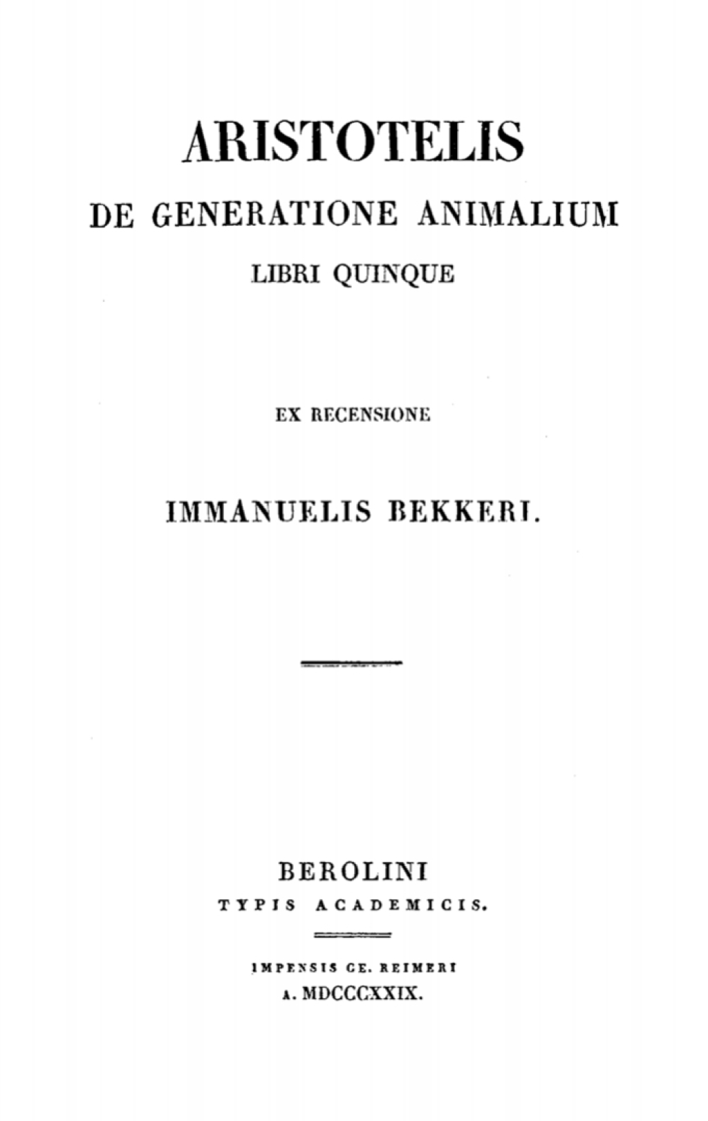 Aristotelis de generatione animalium libri quinque 1st Edition