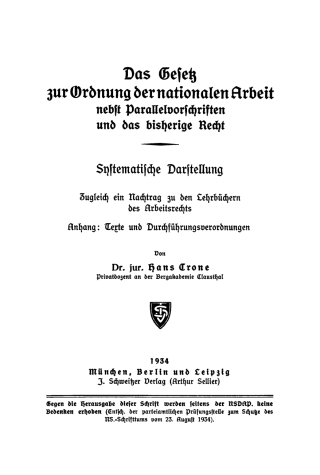 Cover image: Das Gesetz zur Ordnung der nationalen Arbeit nebst Parallelvorschriften und das bisherige Recht 1st edition 9783112599990