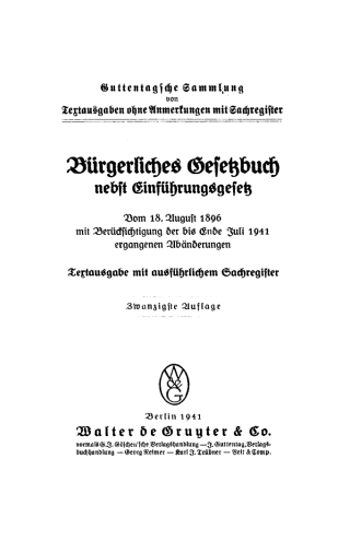 Cover image: Bürgerliches Gesetzbuch nebst Einführungsgesetz 20th edition 9783112608739