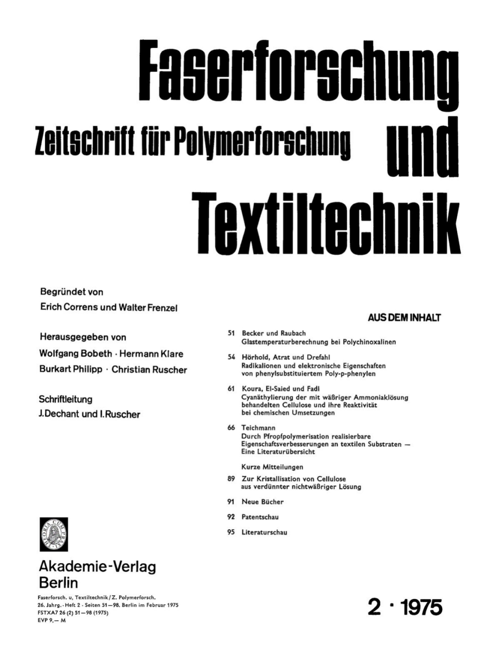 Faserforschung und Textiltechnik. Band 26, Heft 2 1st Edition