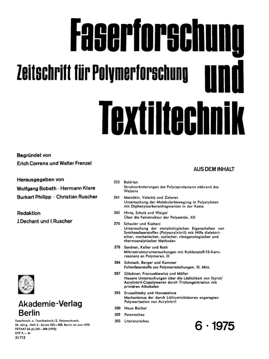 Faserforschung und Textiltechnik. Band 26, Heft 6 1st Edition