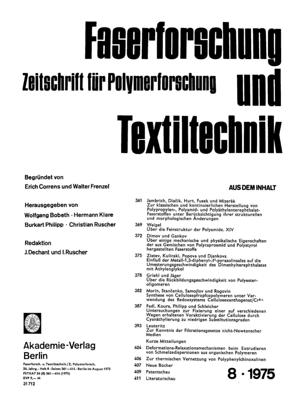Faserforschung und Textiltechnik. Band 26, Heft 8 1st Edition