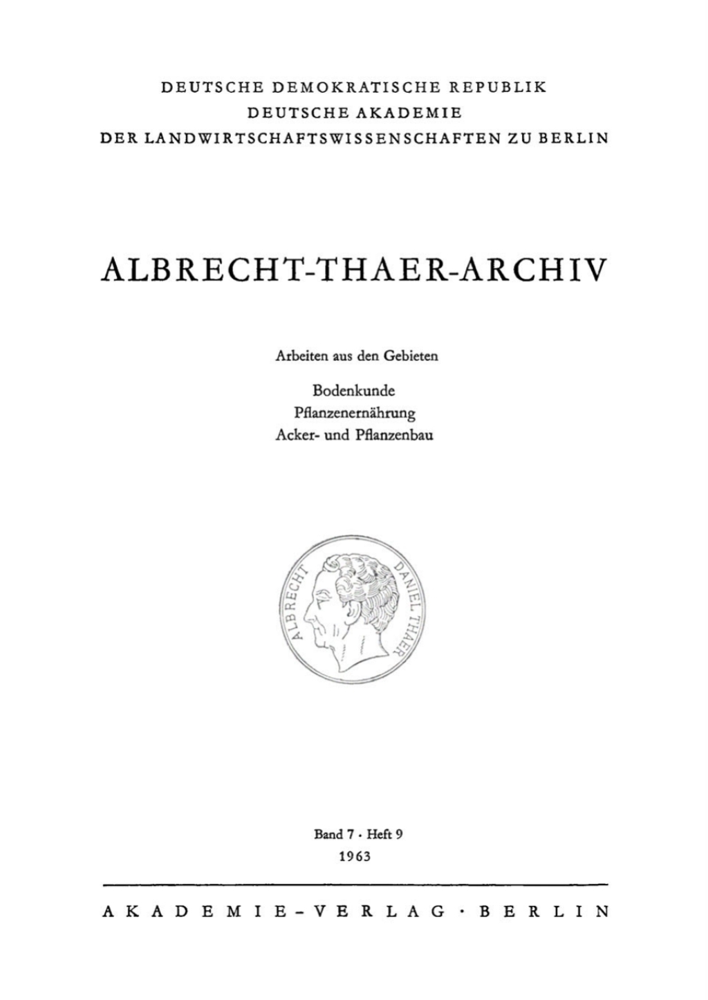 Albrecht-Thaer-Archiv. Band 7, Heft 9 1st Edition