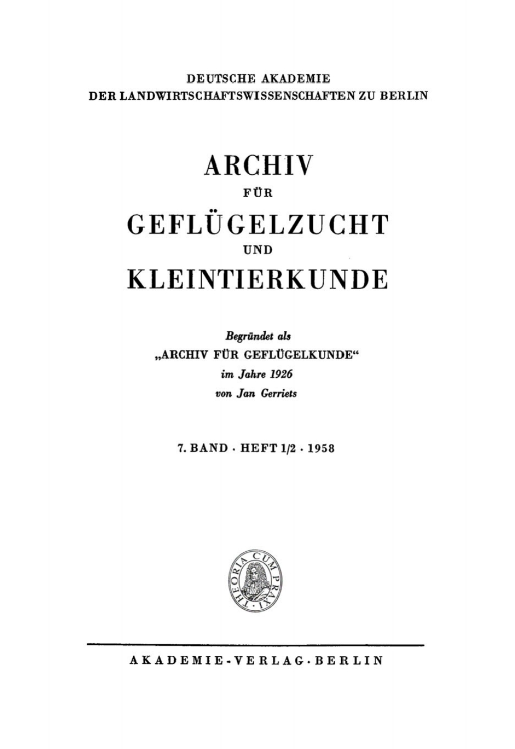 Archiv für Geflügelzucht und Kleintierkunde. Band 7, Heft 1/2 1st Edition