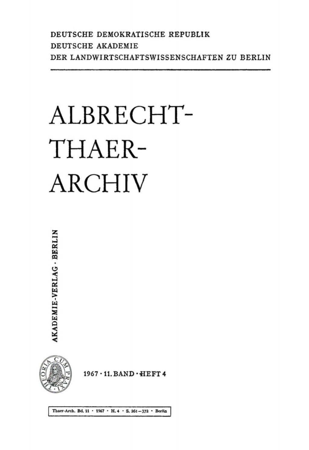 Albrecht-Thaer-Archiv. Band 11, Heft 4 1st Edition