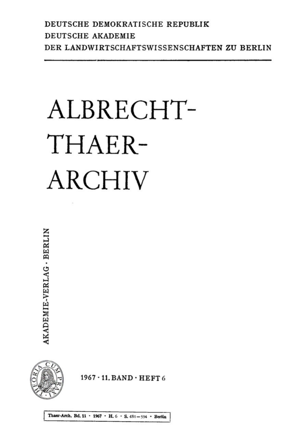 Albrecht-Thaer-Archiv. Band 11, Heft 6 1st Edition