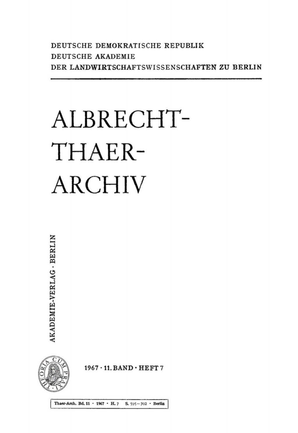 Albrecht-Thaer-Archiv. Band 11, Heft 7 1st Edition