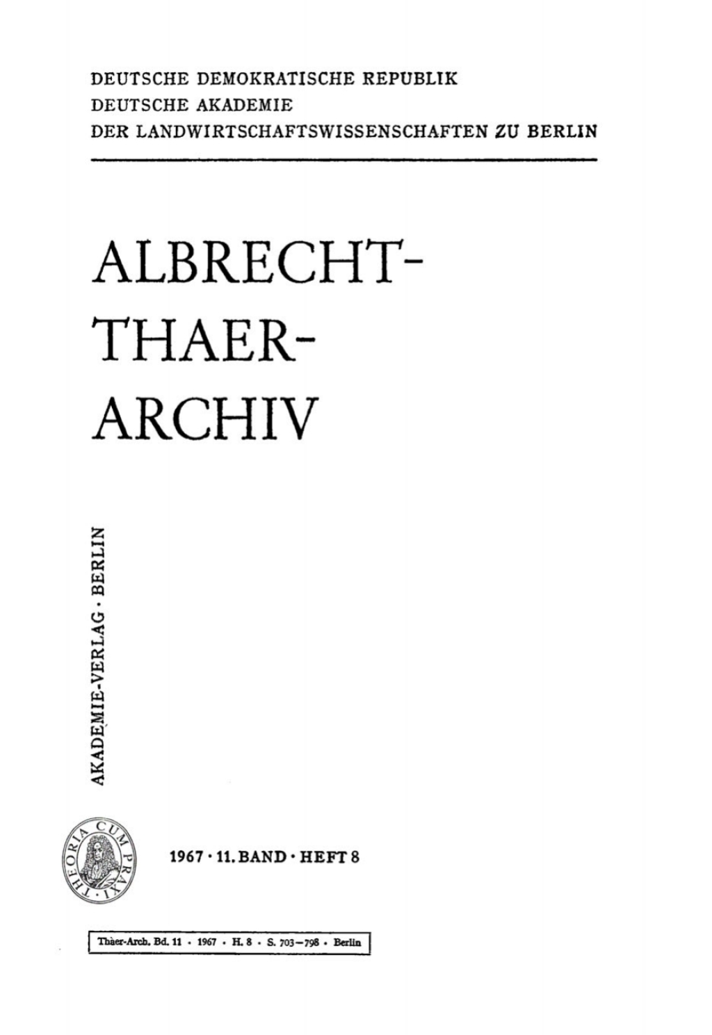Albrecht-Thaer-Archiv. Band 11, Heft 8 1st Edition
