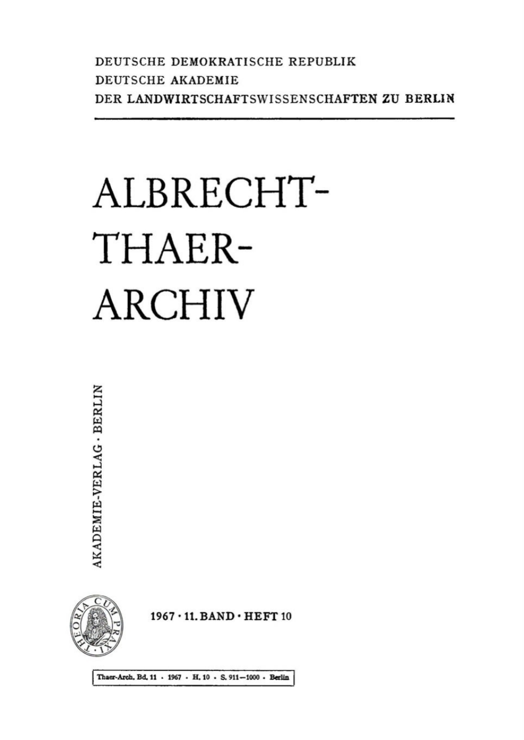Albrecht-Thaer-Archiv. Band 11, Heft 10 1st Edition