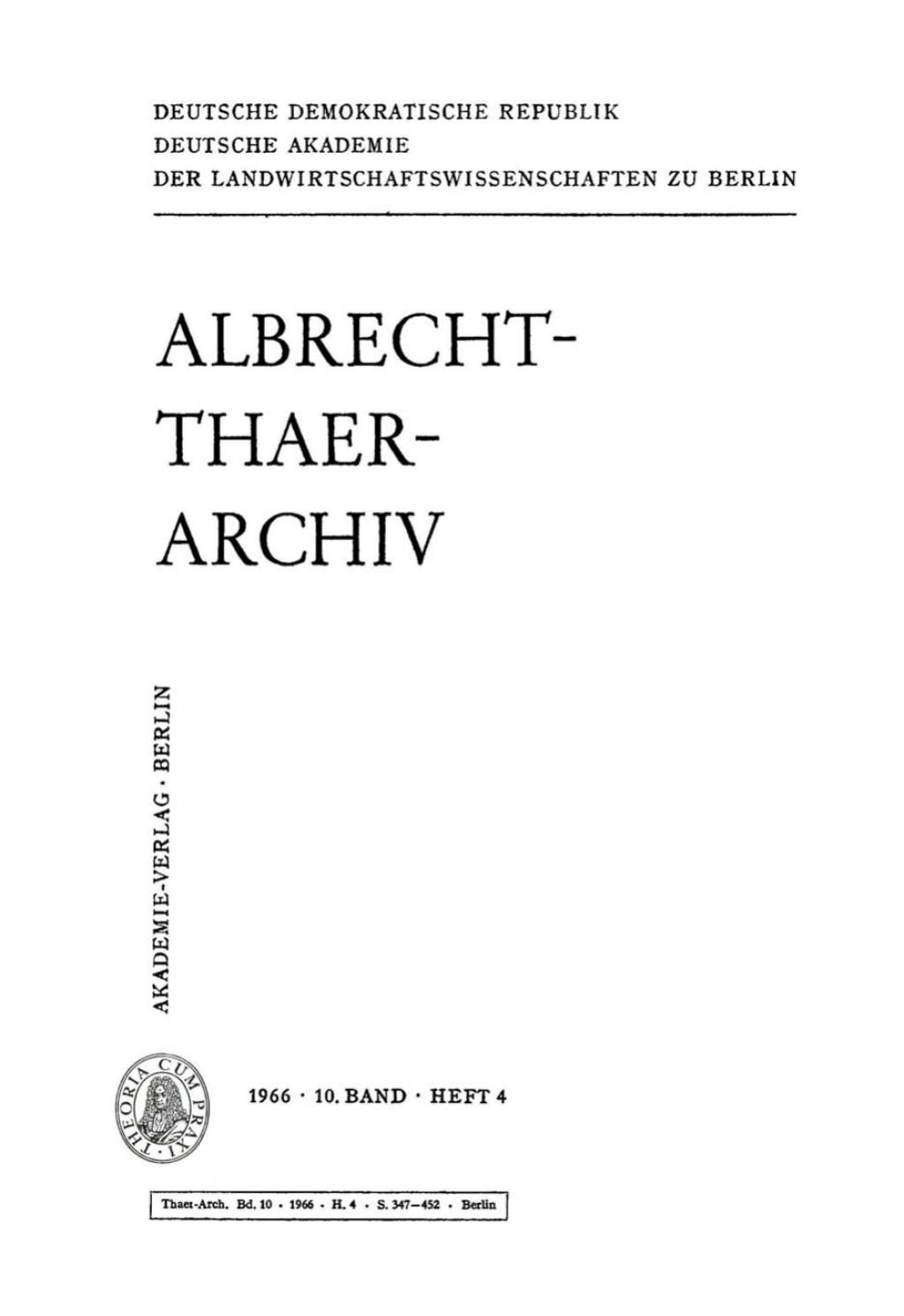 Albrecht-Thaer-Archiv. Band 10, Heft 4 1st Edition