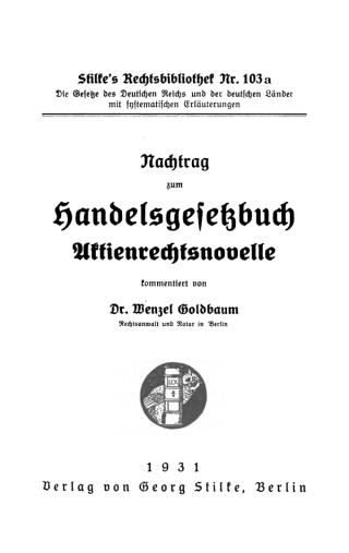 Imagen de portada: Nachtrag zum Handelsgesetzbuch Aktienrechtsnovelle 1st edition 9783112659236
