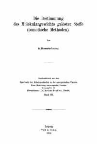 Cover image: Die Bestimmung des Molekulargewichts gelöster Stoffe (osmotische Methoden) 1st edition 9783112674178