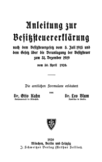 Cover image: Anleitung zur Besitzsteuererklärung vom 30. April 1920 1st edition 9783112675397