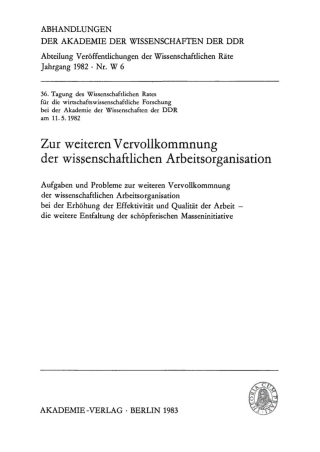 Cover image: Zur weiteren Vervollkommnung der wissenschaftlichen Arbeitsorganisation 1st edition 9783112723463