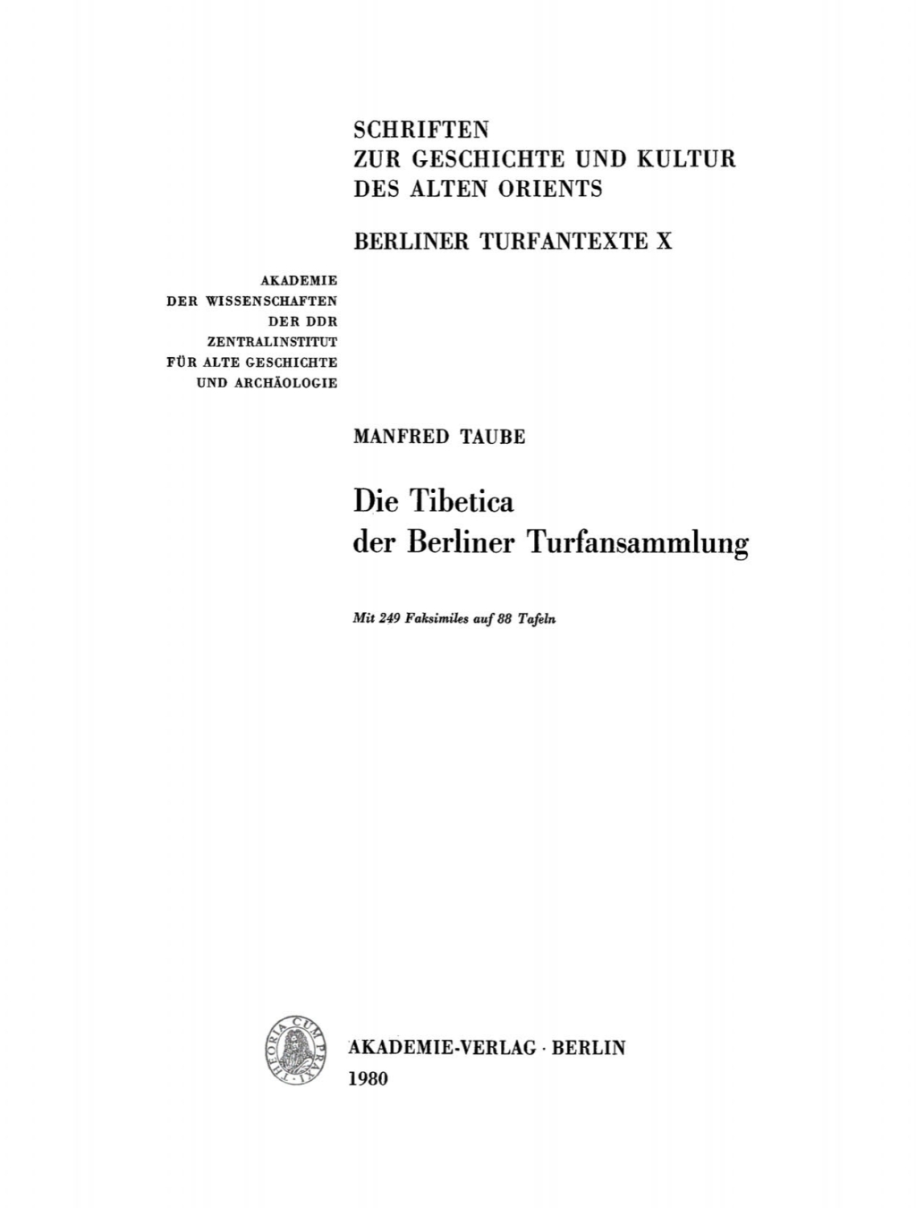 Die Tibetica der Berliner Turfansammlung 1st Edition