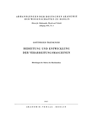 Cover image: Bedeutung und Entwicklung der Verarbeitungsmaschinen 1st edition 9783112734285