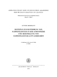 Cover image: Beiträge zur Bestimmung von Schwefeldioxid in der Atmosphäre und Herstellung von Schwefeldioxid-Luft-Gemischen 1st edition 9783112760468