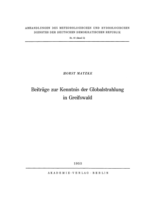 Cover image: Beiträge zur Kenntnis der Globalstrahlung in Greifswald 1st edition 9783112767047