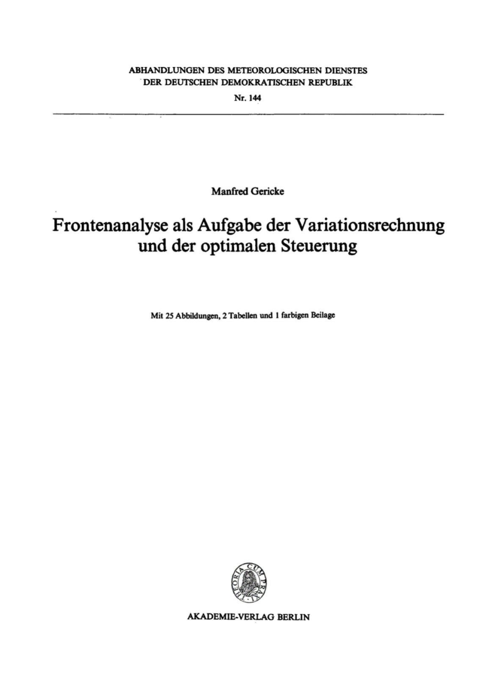 Frontenanalyse als Aufgabe der Variationsrechnung und der optimalen Steuerung 1st Edition