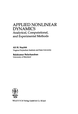 Cover image: Applied Nonlinear Dynamics: Analytical, Computational, and Experimental Methods 1st edition 9780471593485